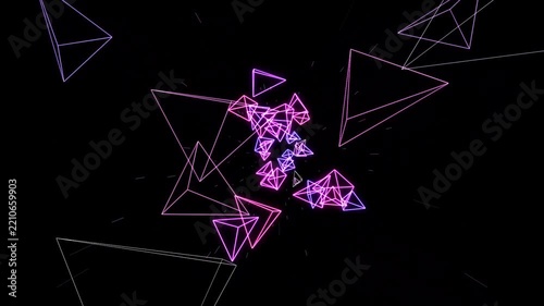Abstract background featuring glowing neon wireframe pyramids floating in deep space.