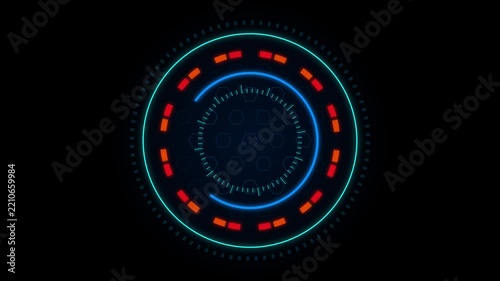 Abstract futuristic digital interface with glowing circular elements on dark background.