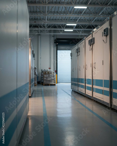 Industrial cold storage units white blue stripes lined up in modern warehouse facility room.