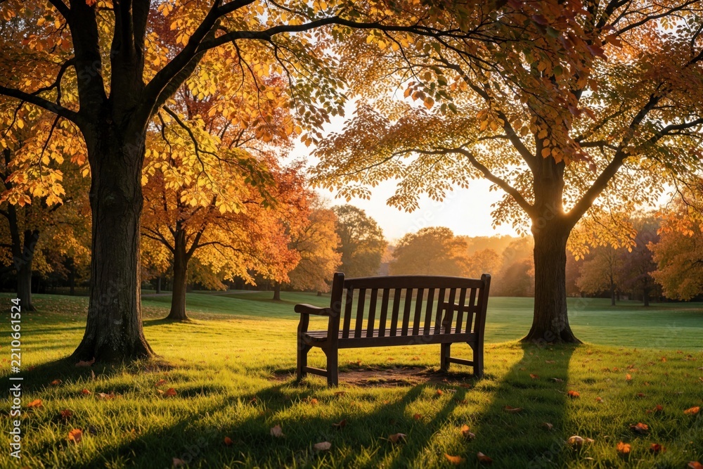 Fototapeta premium Empty wooden bench sits under large trees with bright autumn leaves. Golden sunset light shines through orange foliage in peaceful public park. Scenic landscape with green grass, fallen leaves