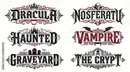 Gothic lettering designs feature spooky typography and horror themes.
