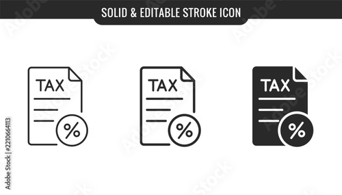 Tax document icon set. Tax, tax return, payment, percentage, financial document. Solid and line editable stroke