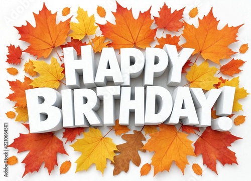 Happy birthday text with autumn leaves background design element