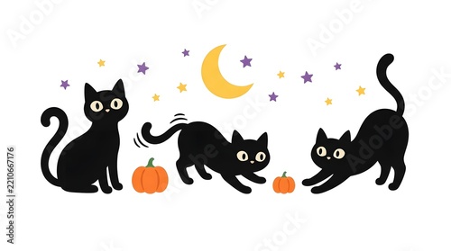 Set of cute black cats playing with pumpkins under a crescent moon and starry night sky