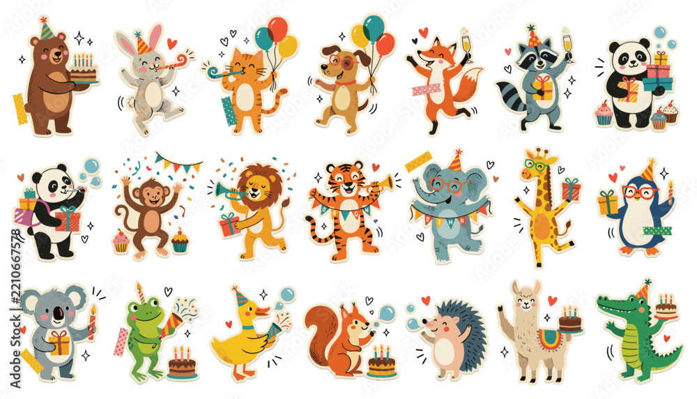 Fototapeta premium Animal Birthday Party Set with Cute Cartoon Characters and Festive Decorations