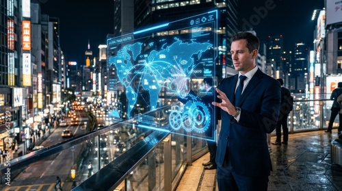 Businessman Interacting with Global Trade Interface Over Urban Night Skyline