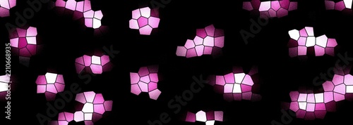 Abstract pink and magenta stained glass mosaic clusters on black background, glowing Voronoi cell pattern