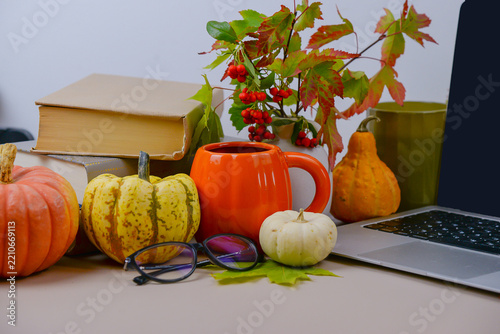 Cozy autumn workspace with laptop, pumpkins, coffee, glasses, books and colorful fall leaves arranged on a neutral desk.