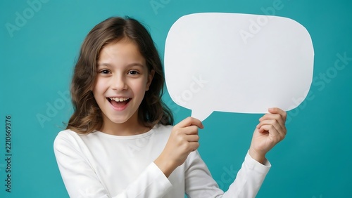Smiling young girl holding speech bubble prop