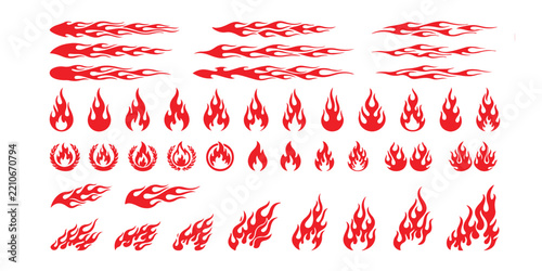 Set of red fire flame icons and motion speed trail graphics for racing car decals and design