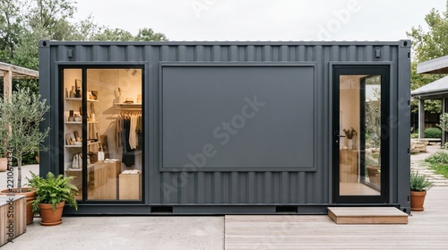 Modern Dark Grey Shipping Container Shop with Large Blank Signage for Branding