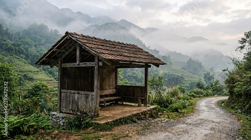Traditional wooden rest stop pavilion on a rural dirt road in a misty mountain village landscape for hikers and eco tourism