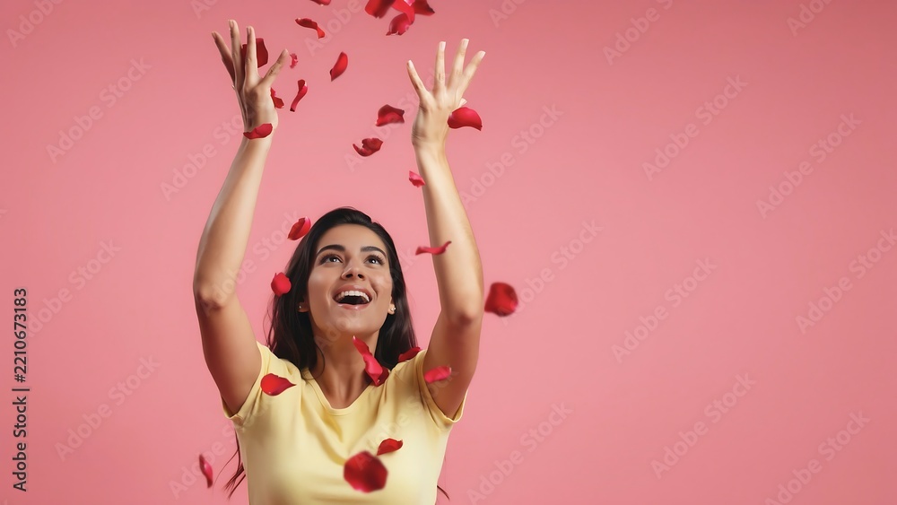 Fototapeta premium Woman throwing red rose petals with joyful expression