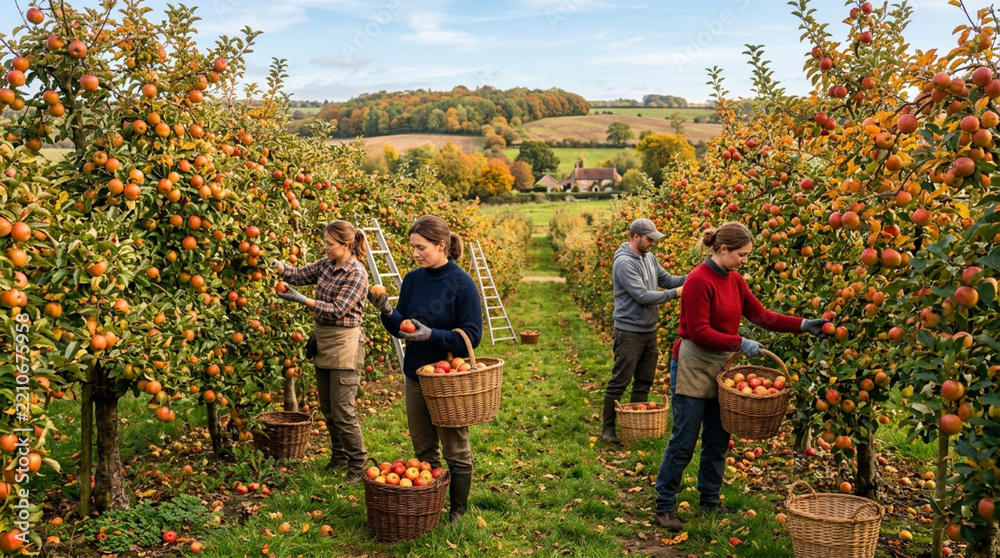 Fototapeta premium Apple Orchard Harvest: Workers Picking Ripe Fruit in Autumn