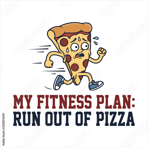 Pizza slice character running with sneakers, funny fitness motivation illustration on white background for healthy lifestyle and diet humor