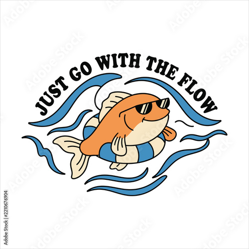 Cute Cartoon Fish with Sunglasses and Swim Ring Floating on Ocean Waves with Retro Typography