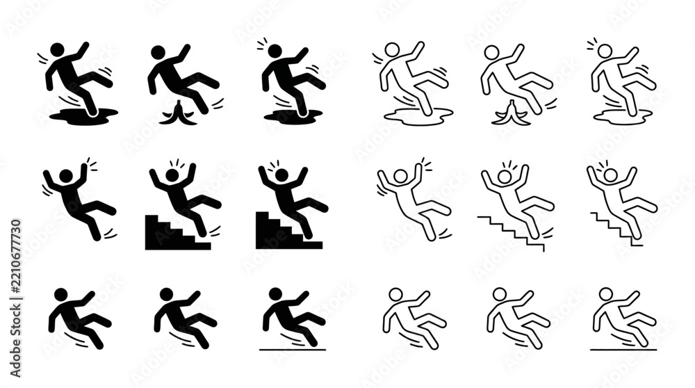 Fototapeta premium Slipping person icons black silhouette and line designs on white background