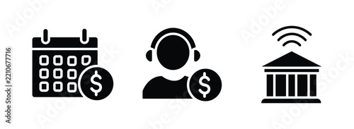 Set of financial service icons including calendar, support and bank