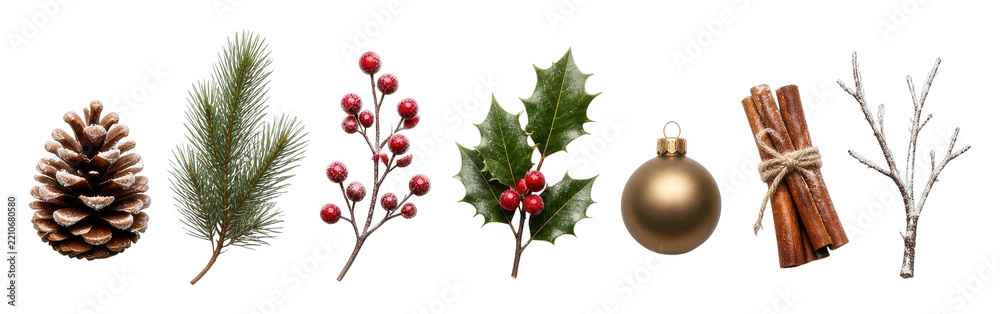Naklejka premium PNG Christmas greenery, pine cone, berries, ornaments, cinnamon