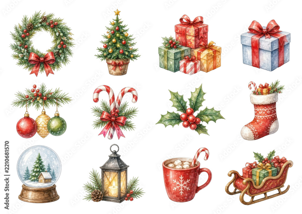 Obraz premium PNG Festive watercolor Christmas icons with wreath, gifts, ornaments