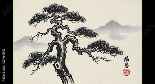 Traditional Asian ink wash painting featuring a majestic bonsai pine tree against a soft mountain landscape background