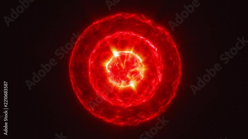 Luminous red network nodes flicker within expanding circular waves. This abstract digital connection visual suggests information flow across technology system, glowing with fiery energy on black.