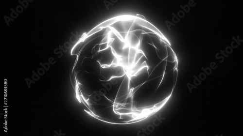 Futuristic light orb ripples with bright white strands against deep black. Abstract energy sphere rotates and reshapes, offering sleek visual for technology and science themes, with bright lines