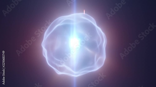 Glowing plasma sphere pulses around bright central core, its translucent blue surface rippling with energy. Futuristic abstract artwork radiates soft light against dark background.