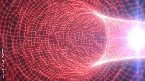 Radiant wireframe tunnel bends toward intense white light in flowing digital animation. Red grid lines shimmer across dark space, giving abstract image energetic futuristic look with rippling mesh.