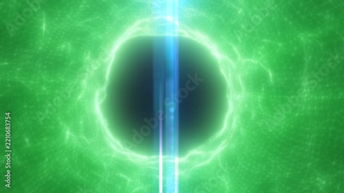 Glowing green energy sphere pulses around dark center as blue light streams vertically through it. Luminous plasma swirls across abstract digital space, creating vivid science fiction effect.