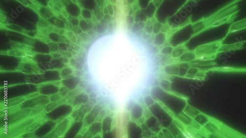 Green energy sphere pulses with radiating electric strands against dark background. Glowing digital core sends rippling light through abstract network in vivid futuristic animation.