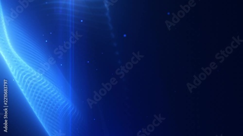 Abstract blue light waves undulate through deep navy darkness. Bright translucent ribbons curve and shift as tiny glowing particles drift nearby, forming calm, futuristic visual backdrop.
