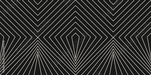 Geometric seamless pattern with outline shapes, diamonds, squares, stripes, lines. Modern art deco style vector texture. Simple trendy geometrical ornament. Black and white background. Elegant design