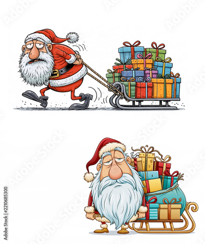 Tired cartoon Santa Claus with a sleigh full of gift boxes