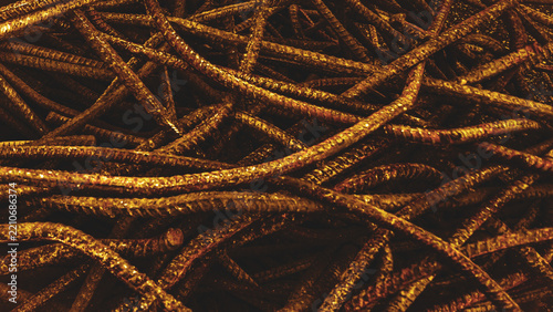 Abstract Texture of Tangled Rusty Rebar Blocks and Corrugated Construction Iron Bars Background