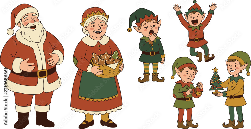Obraz premium Funny Christmas cartoon set with laughing Santa Claus, Mrs Claus holding gingerbread basket, yawning elf, jumping elf, and decorating elf isolated vector.