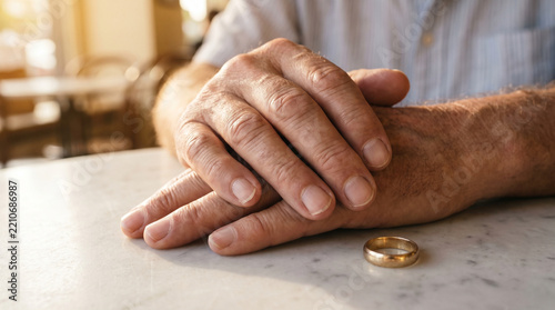 Close up of elderly man's hands with wedding ring on table.