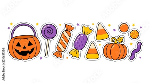 Set of halloween treats candy pumpkin bucket and jack o lantern isolated on white background