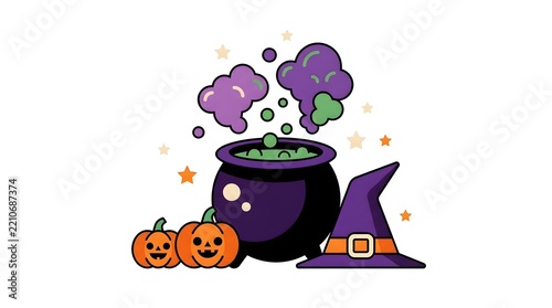 Witch cauldron with magic potion and witch hat near jack o lantern pumpkins for halloween