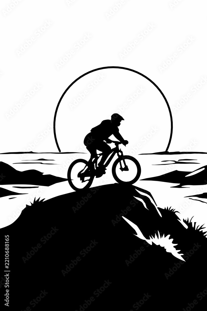 Obraz premium Mountain bike rider on hilltop with big sun vector illustration