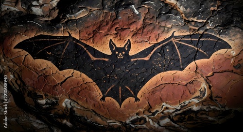 Prehistoric cave art depicting flying bat silhouette painted on textured cracked rock wall inside dark cavern