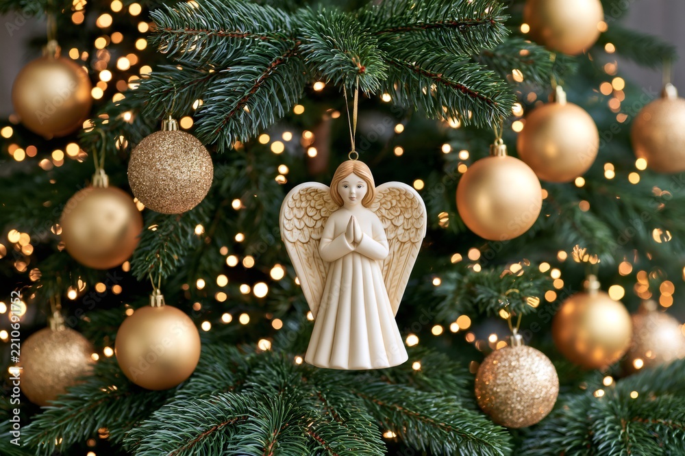 Obraz premium Christmas tree decorating with angel ornament and golden baubles