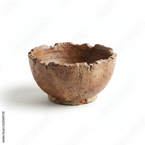 Ancient broken terracotta bowl with dark residue isolated on white background