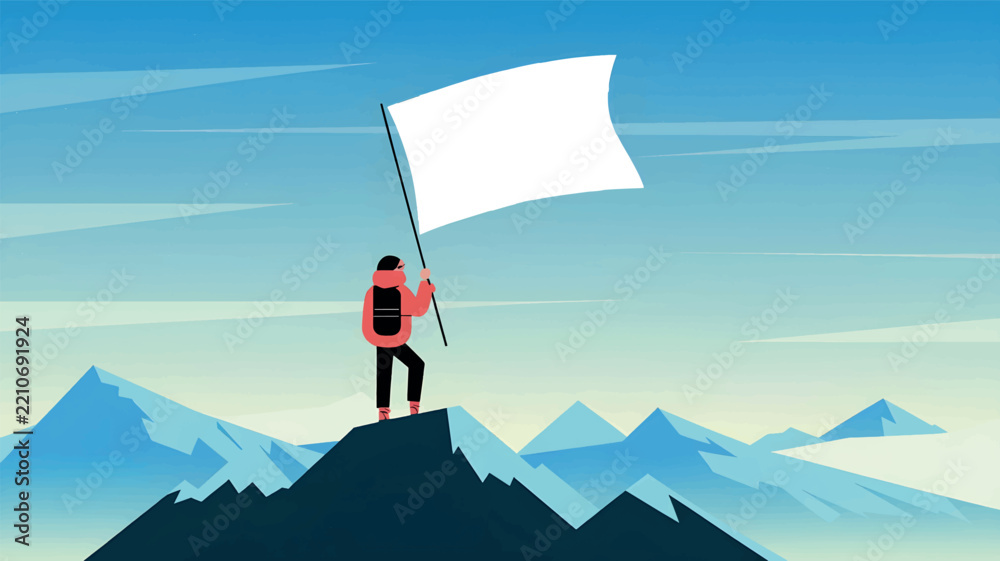 Obraz premium Person Standing on Mountain Peak Holding Flag