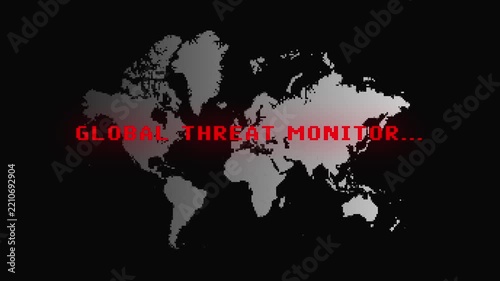 Horizontal Futuristic world map with red digital text GLOBAL THREAT MONITOR digital glitch loop