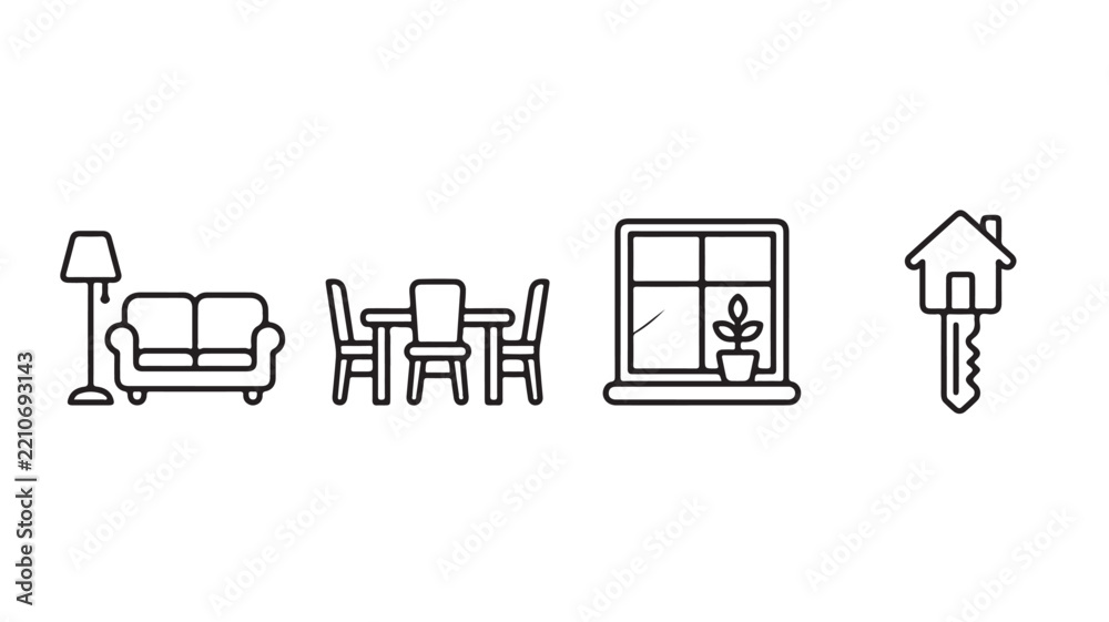 Obraz premium Real estate and home interior line icon set. Includes living room sofa, dining table, window, and house key. Minimalist vector icons for property management, interior design, and housing market.