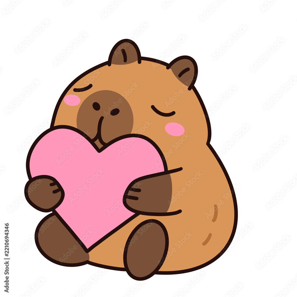 Fototapeta premium Cute Capybara Hugging a Large Pink Heart with a Loving Expression, Adorable Kawaii Animal Character Illustration for Love and Friendship Stickers Isolated on White Background