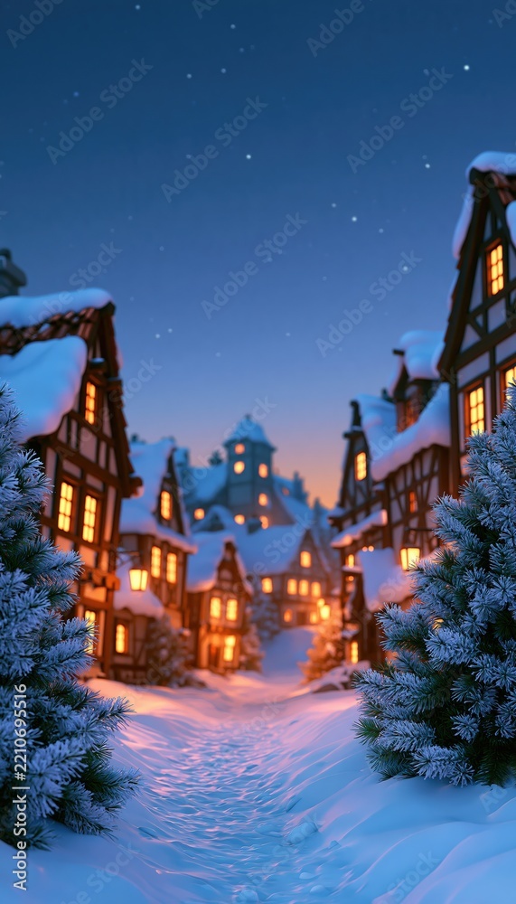 Obraz premium Snow - covered village street with glowing cottages and frosted evergreens at Christmas