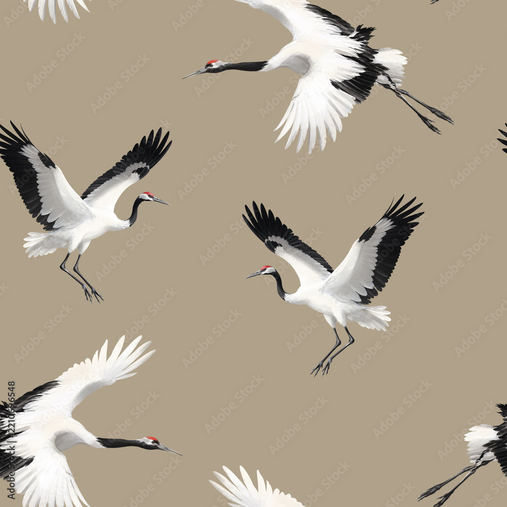 Obraz premium Seamless Pattern of Crane Birds, Japanese Red Crowned Crane Flying, Asian Bird Ornament, Wild Birds Wildlife Background Design,Ornithology Art, Asian Style Background, Japanese Chinese Pattern Art