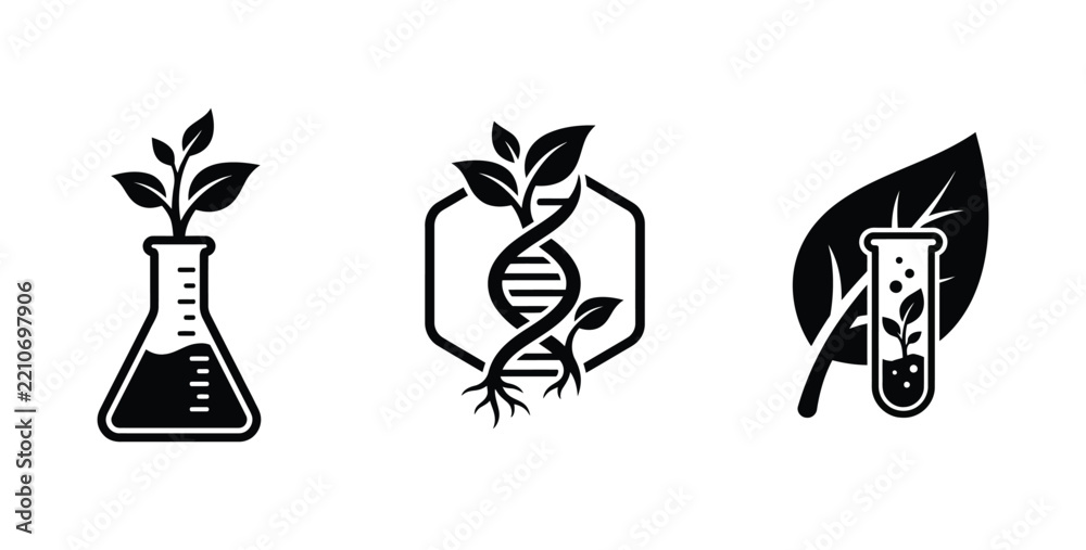 Fototapeta premium scientific illustration featuring plant growth in laboratory test tubes and genetic research symbols isolated on transparent background